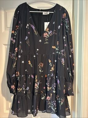 Showpo Black Floral Tiered Long Sleeve Dress